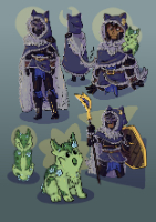 several drawings of a woman wearing dark armor and fur, and a green owlbear cub.